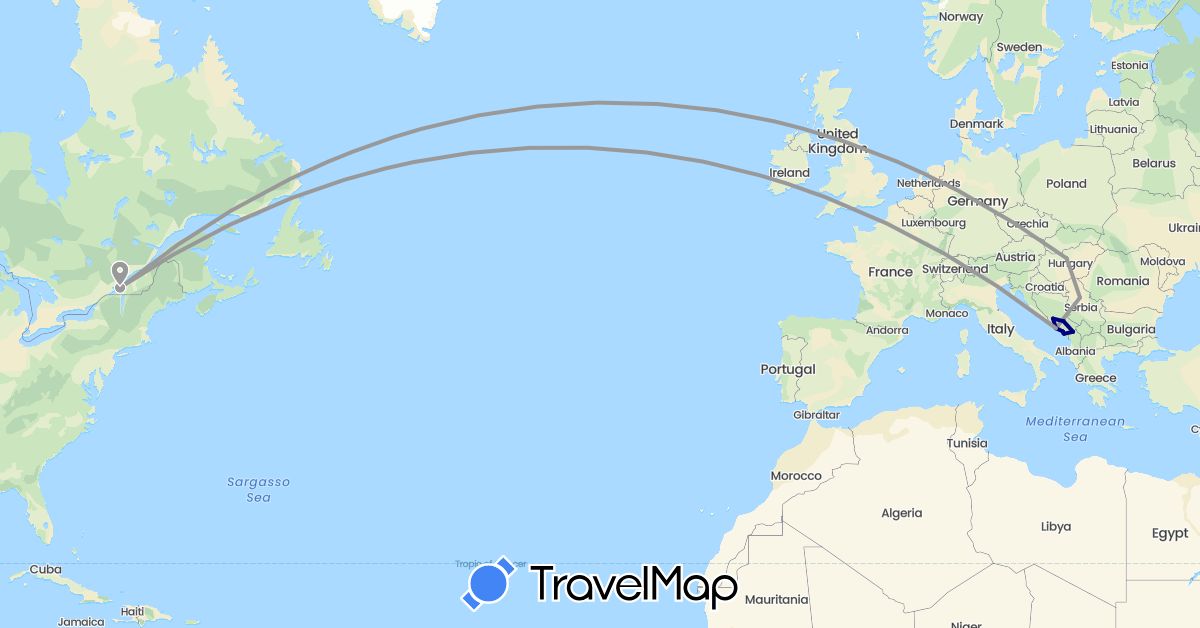 TravelMap itinerary: driving, plane in Albania, Bosnia and Herzegovina, Canada, Croatia, Hungary, Montenegro, Serbia (Europe, North America)